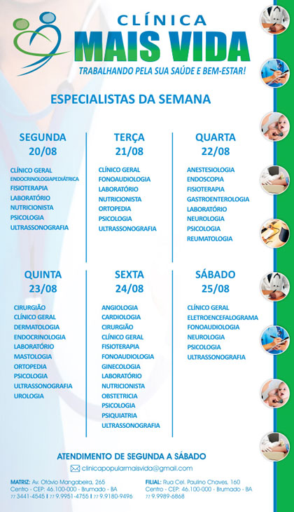 Confira os especialistas da semana na Clínica Mais Vida em Brumado