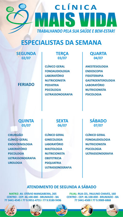 Confira os especialistas da semana na Clínica Mais Vida em Brumado