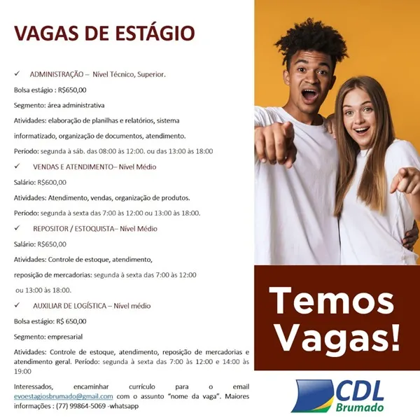 CDL informa sobre vagas de estágio e emprego na cidade de Brumado