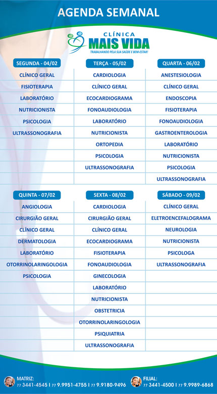 Confira os especialistas da semana na Clínica Mais Vida em Brumado