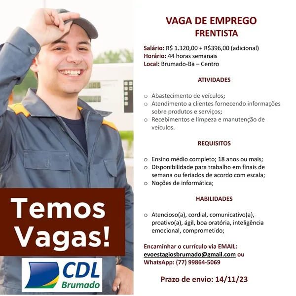 CDL informa sobre vaga de emprego para frentista em Brumado