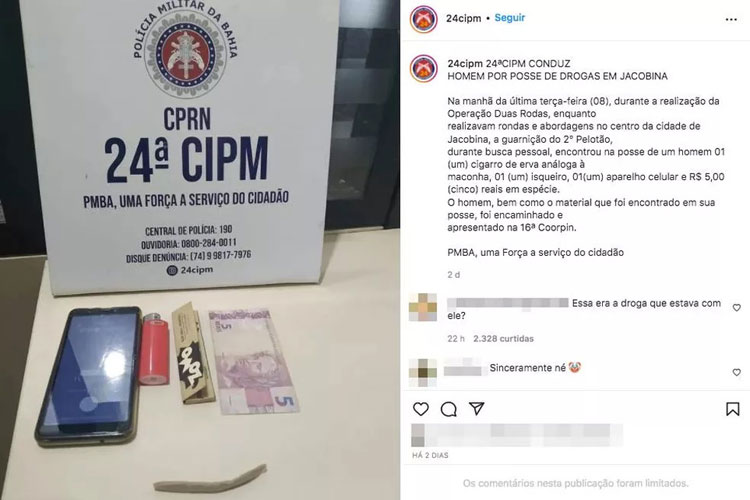 Jacobina: Internautas ironizam postagem da PM sobre prisão de homem com um cigarro de maconha