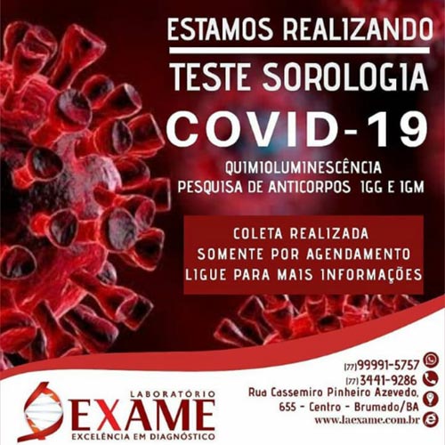 Laboratório Exame realiza teste de sorologia para Covid-19 através de agendamento em Brumado