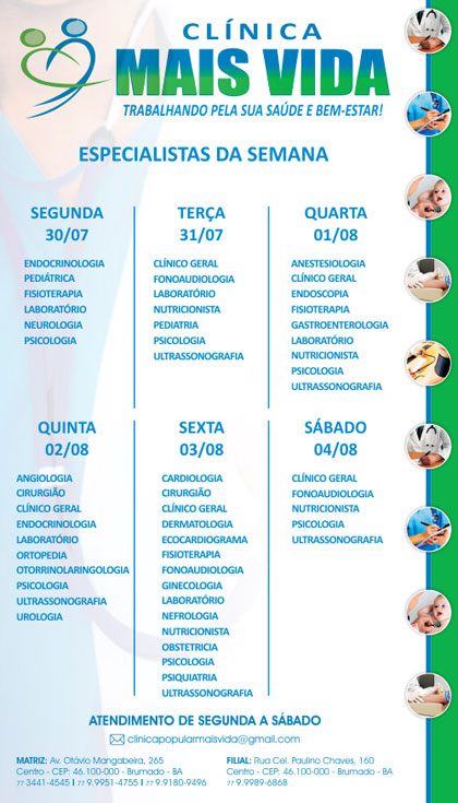 Confira os especialistas da semana na Clínica Mais Vida em Brumado