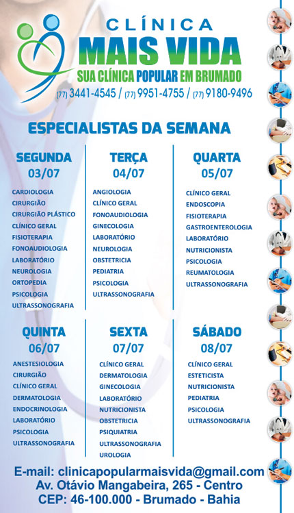 Confira os especialistas da semana na Clínica Mais Vida em Brumado