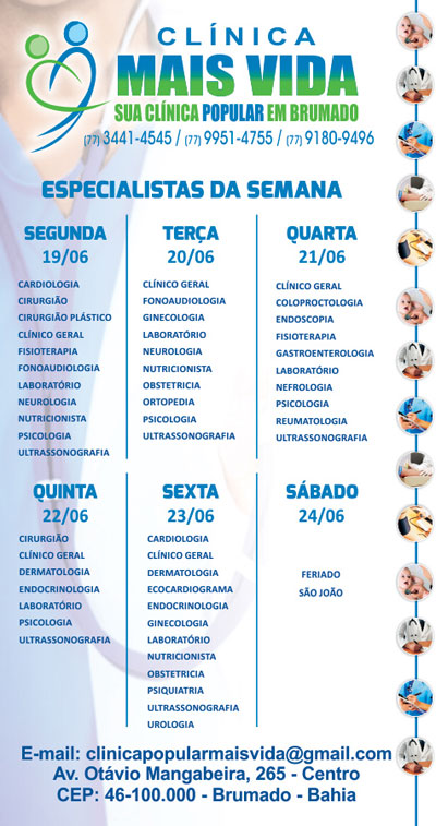 Confira os especialistas da semana na Clínica Mais Vida em Brumado