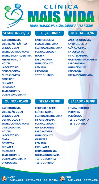 Confira os especialistas da semana na Clínica Mais Vida em Brumado