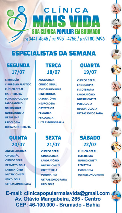 Confira os especialistas da semana na Clínica Mais Vida em Brumado