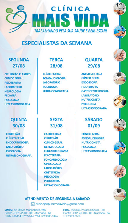 Confira os especialistas da semana na Clínica Mais Vida em Brumado