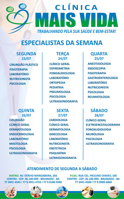 Confira os especialistas da semana na Clínica Mais Vida em Brumado