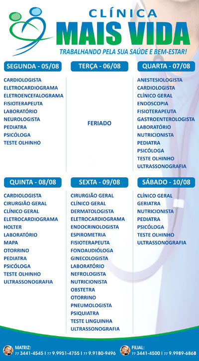 Confira os especialistas da semana na Clínica Mais Vida em Brumado