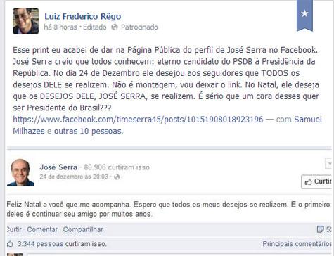 Petista brumadense condena postagem de José Serra no Facebook