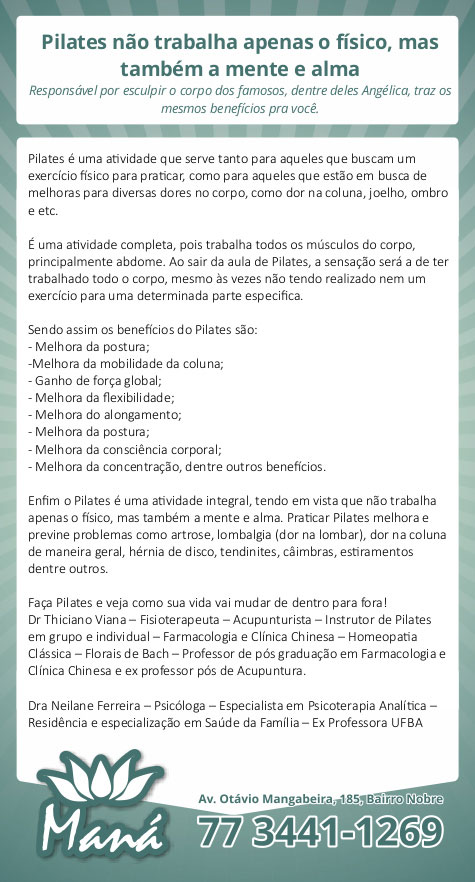 Clínica Maná: Pilates não trabalha apenas o físico, mas também a mente e a alma