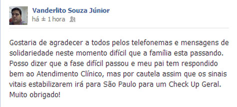 Vanderlito Souza está se recuperando em Vitória da Conquista