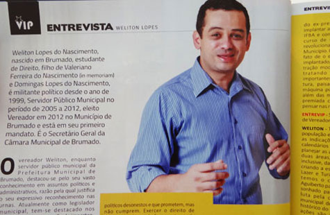 Brumado: Revista Entrevip destaca atuação parlamentar do vereador Weliton Lopes
