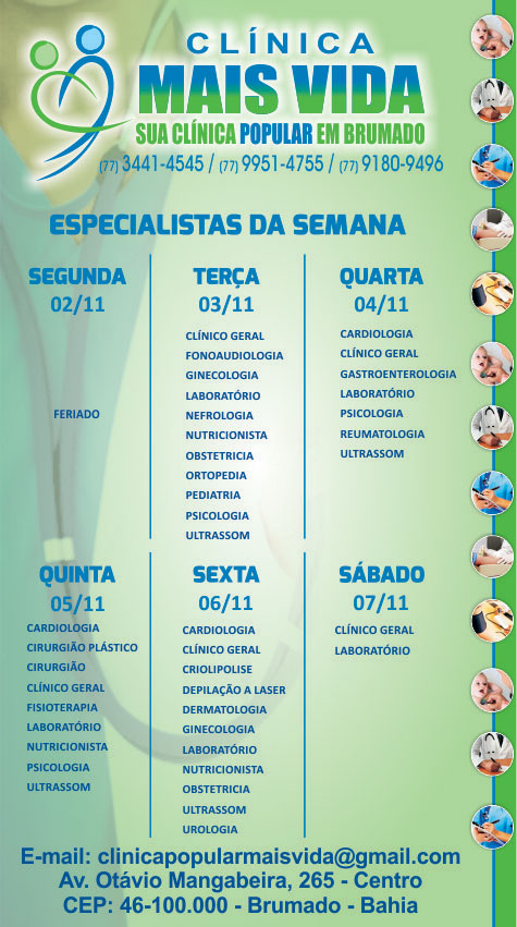 Confira os especialistas da semana na Clínica Mais Vida