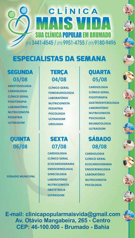 Confira os especialistas da semana na Clínica Mais Vida