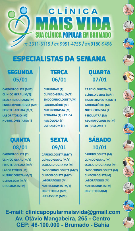 Confira os especialistas da semana na Clínica Mais Vida