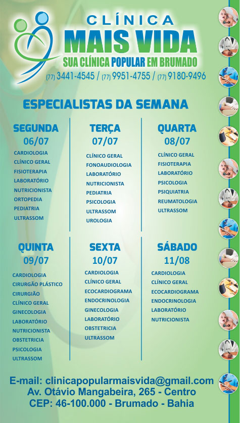 Confira os especialistas da semana na Clínica Mais Vida