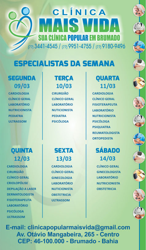 Confira os especialistas da semana na Clínica Mais Vida