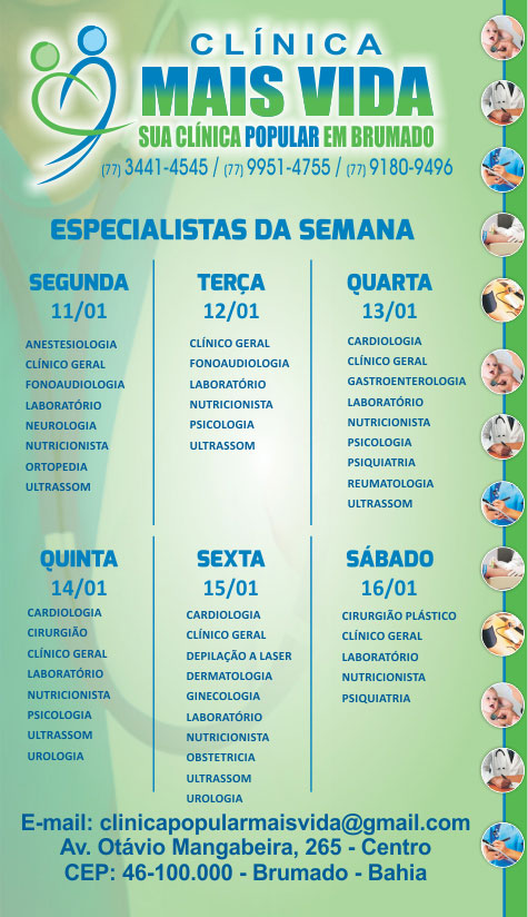 Confira os especialistas da semana na Clínica Mais Vida