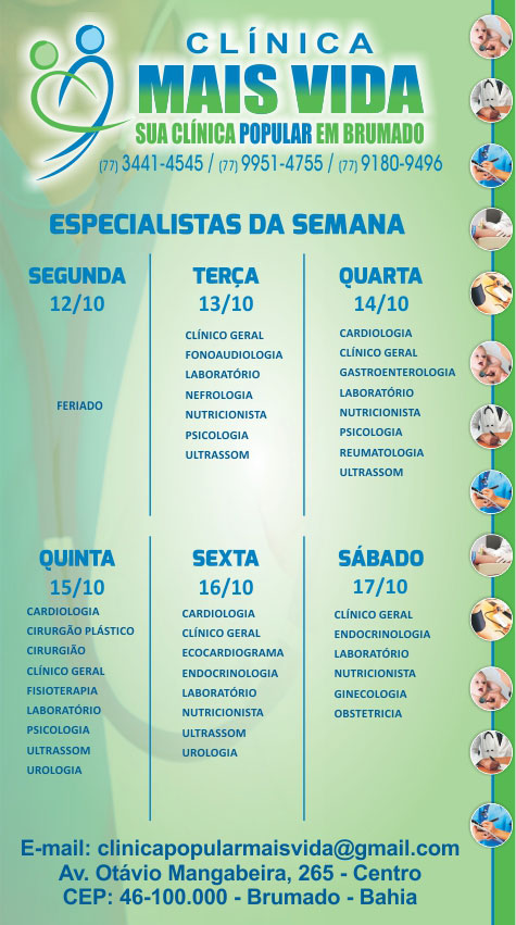 Confira os especialistas da semana na Clínica Mais Vida