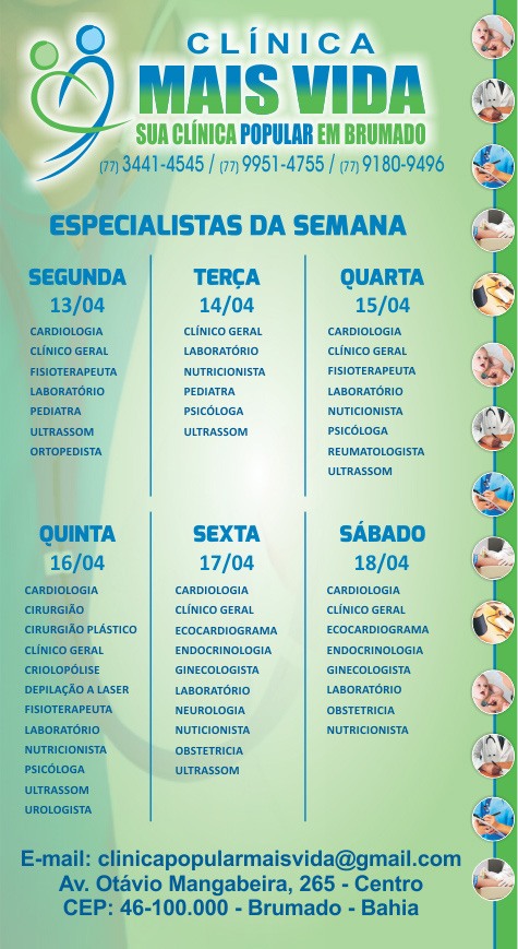 Confira os especialistas da semana na Clínica Mais Vida