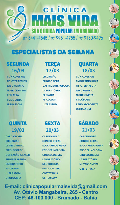 Confira os especialistas da semana na Clínica Mais Vida