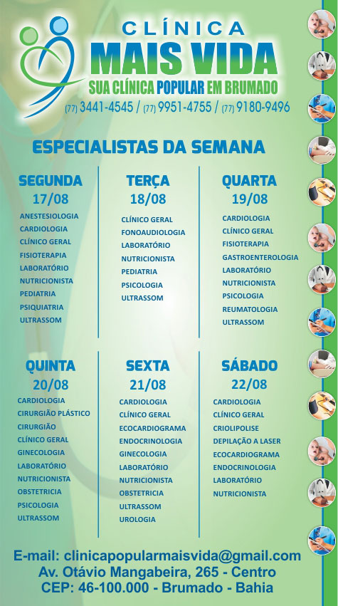 Confira os especialistas da semana na Clínica Mais Vida