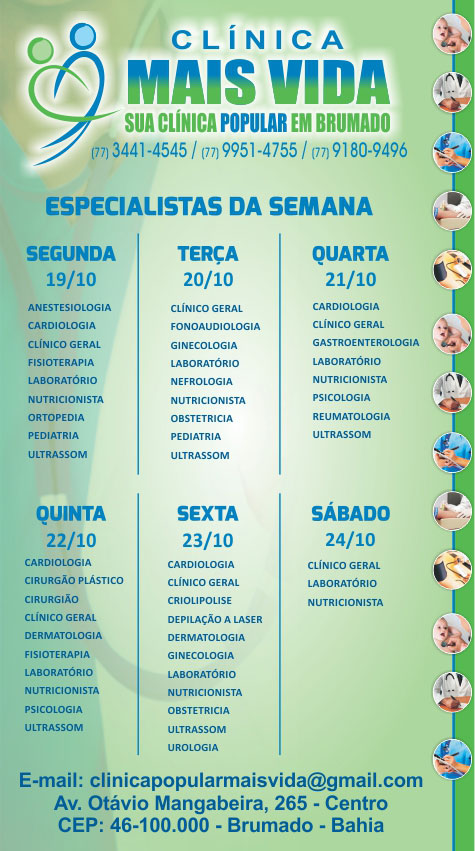 Confira os especialistas da semana na Clínica Mais Vida