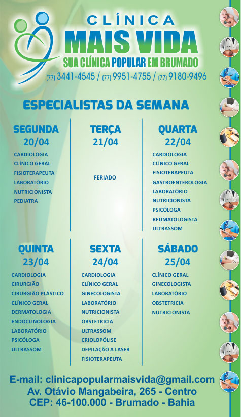 Confira os especialistas da semana na Clínica Mais Vida