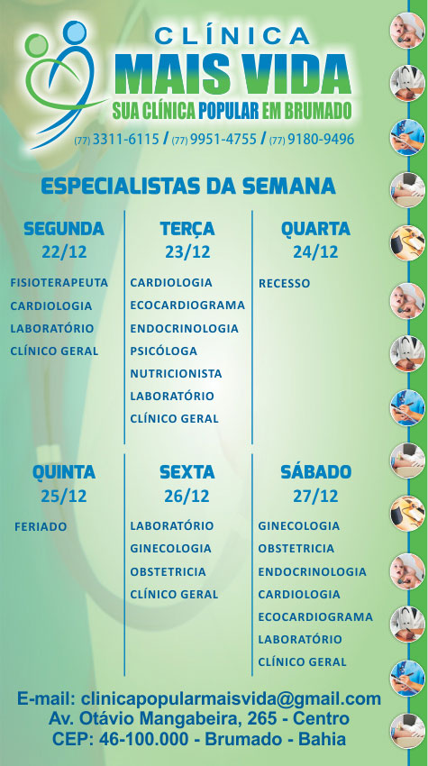 Confira os especialistas da semana na Clínica Mais Vida