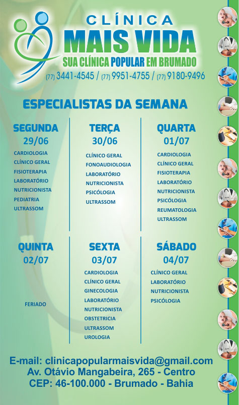 Confira os especialistas da semana na Clínica Mais Vida