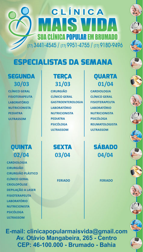 Confira os especialistas da semana na Clínica Mais Vida