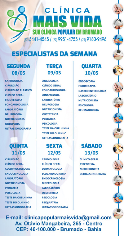 Confira os especialistas da semana na Clínica Mais Vida