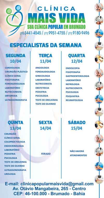 Confira os especialistas da semana na Clínica Mais Vida