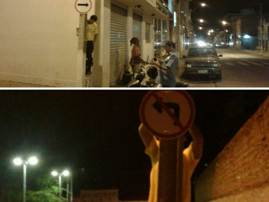 Na falta de mão de obra, agentes de trânsito instalam placas de sinalização em Brumado