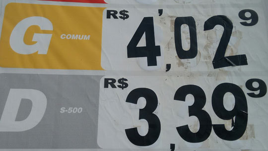 Gasolina é vendida a R$ 4,029 e diesel a R$ 3,399 em Brumado