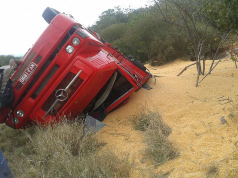 BA-152: Caminhão bate em animal na pista e tomba 