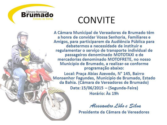Câmara de Brumado realiza hoje (15) Audiência Pública de regularização de mototáxi e motofrete