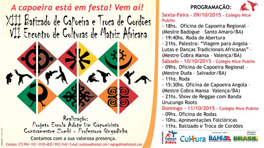 Evento cultural de capoeira será realizado em Brumado no próximo dia 9
