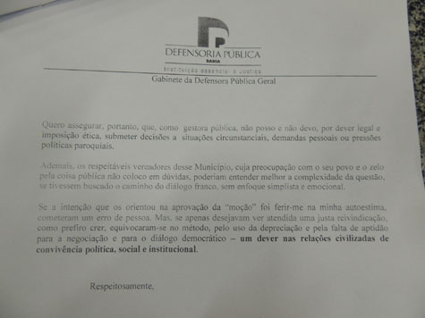 Brumado: Defensora Geral rebate moção de repúdio tratando a Câmara de paroquial e simplista