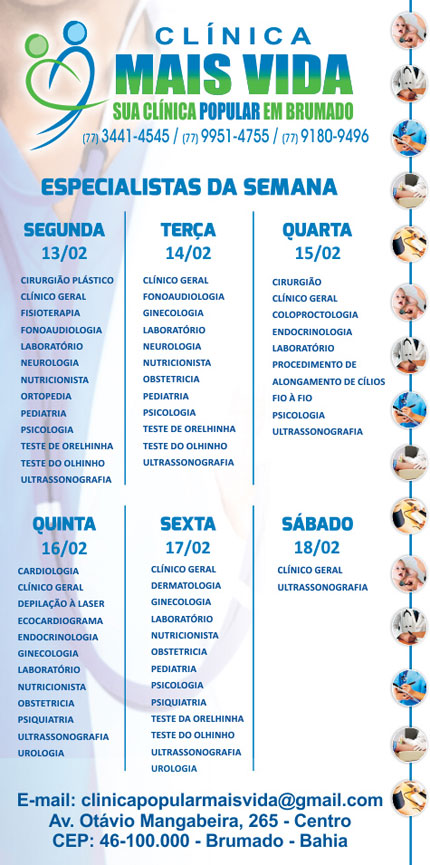 Confira os especialistas da semana na Clínica Mais Vida