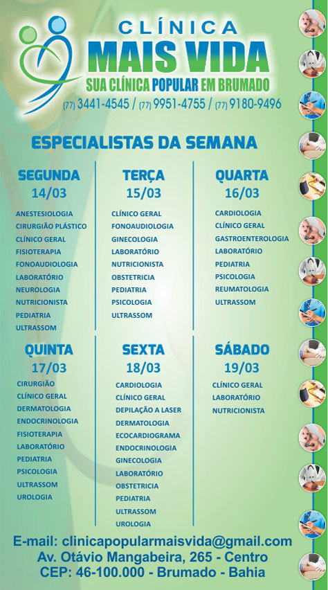 Confira os especialistas da semana na Clínica Mais Vida