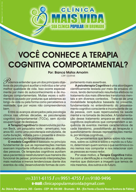 Clínica Mais Vida: Você conhece a terapia cognitiva comportamental?