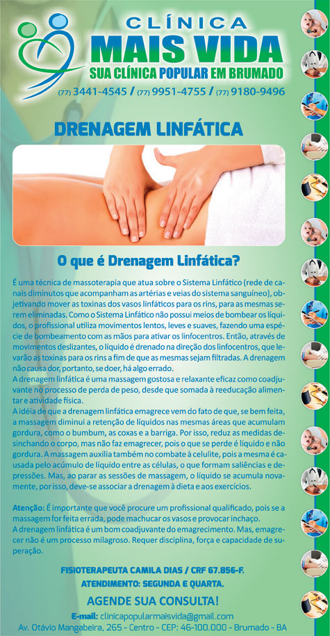 Drenagem linfática na Clínica Mais Vida em Brumado