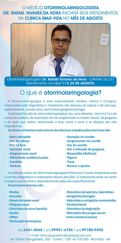 Clínica Mais Vida passa a contar com atendimento de otorrinolaringologista