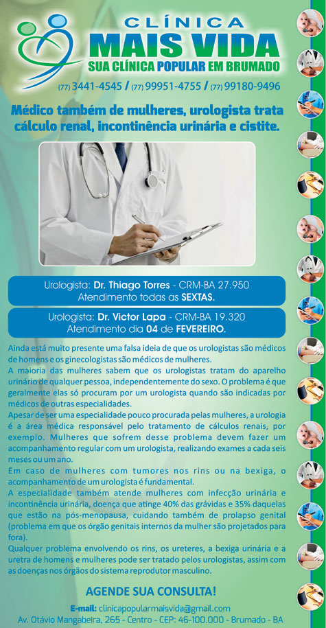 Atendimento de Urologia é na Clínica Mais Vida em Brumado