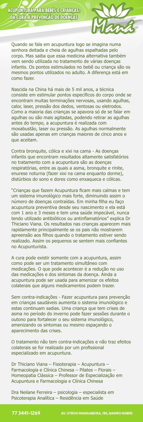 Acupuntura para bebês e crianças na Clínica Maná em Brumado