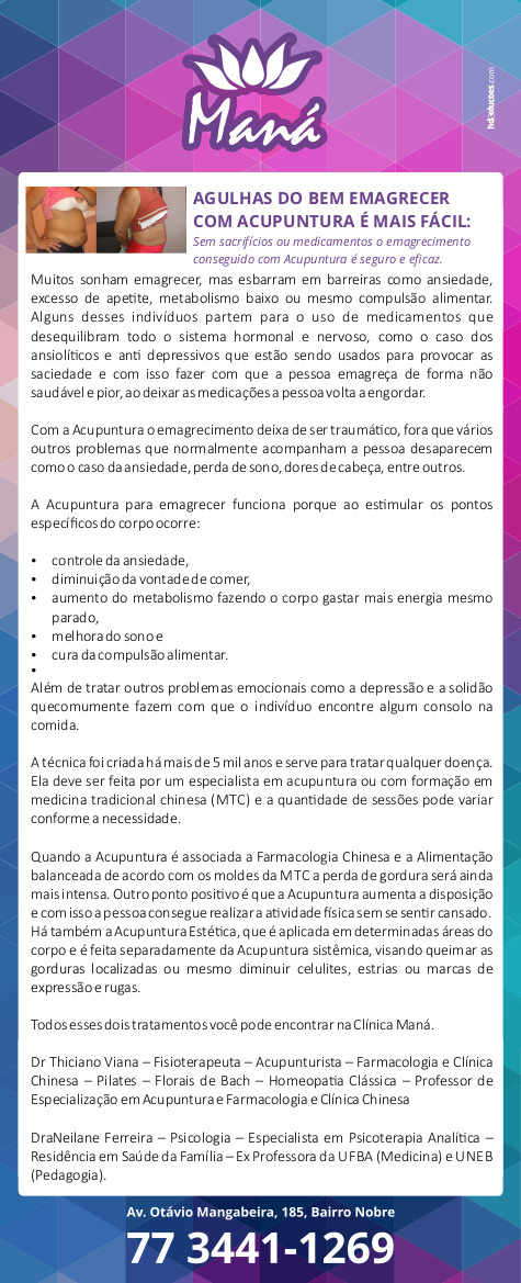 Clínica Maná: Agulhas do bem emagrecer com acupuntura é mais fácil